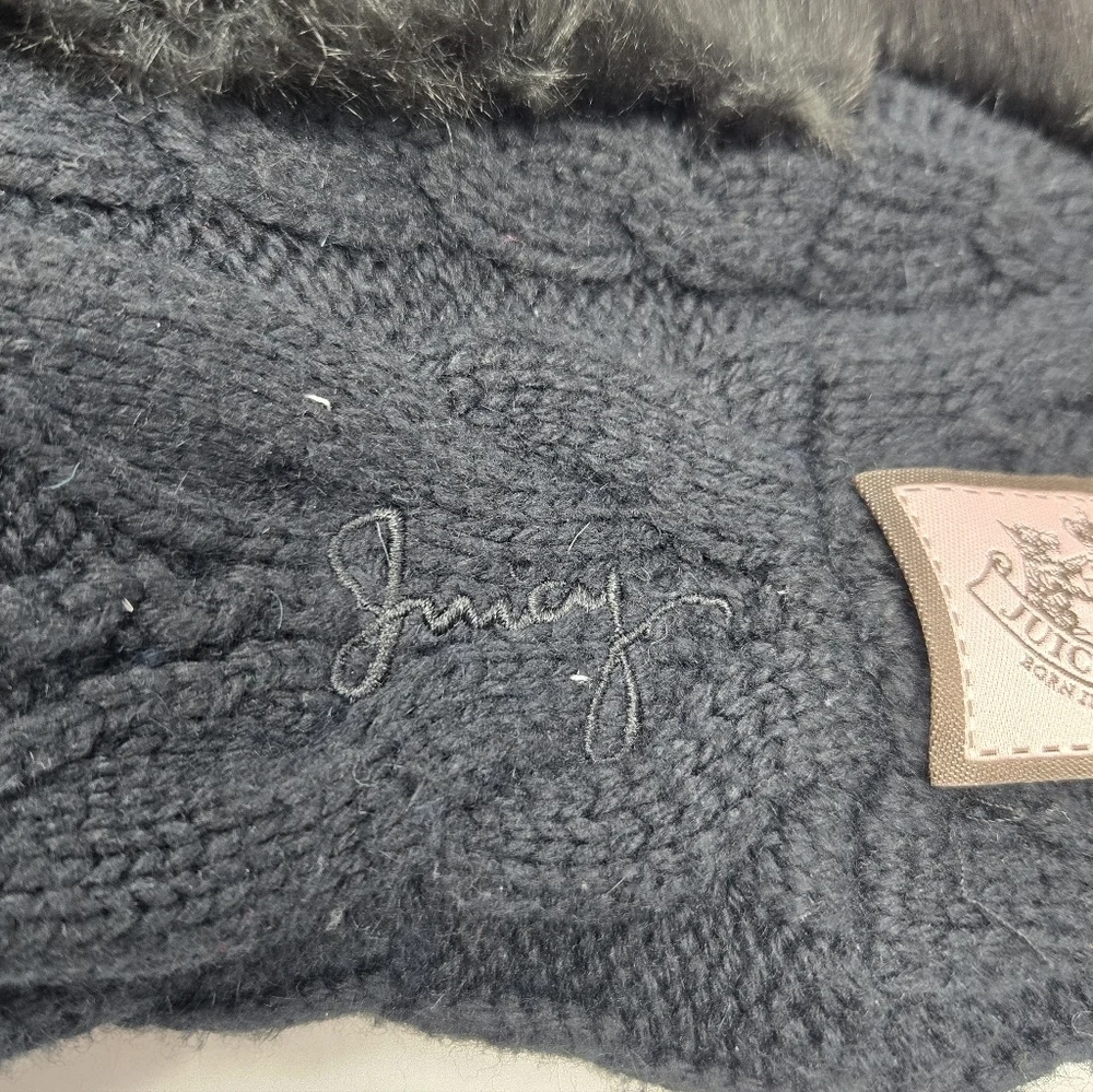 JUICY COUTURE BLACK FAUX FUR INFINITY SCARF CABLE KNIT INTERIOR WINTER WOMEN OS